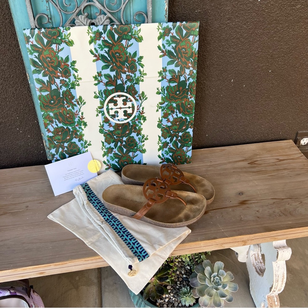Tory Burch Women's Miller Cloud Sandals Size 9.5 Brown With Dust & Gift Bag